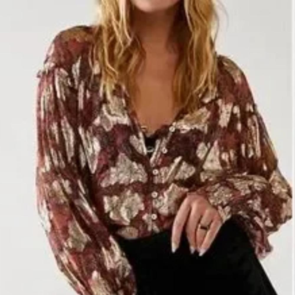 Free People Burgundy and GOLD  Floral Long Sleeves Sheer  Blouse.
